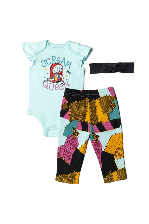 Nightmare Before Christmas Sally Newborn Baby Girls Bodysuit Pants and Headband 3 Piece Outfit Set Newborn to Infant