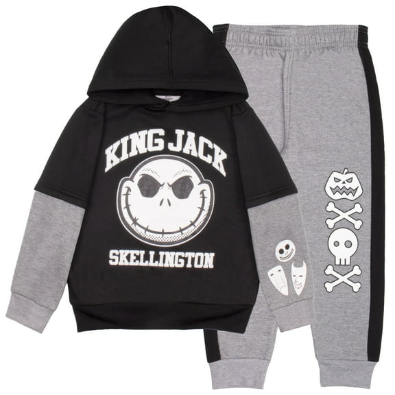 Disney Nightmare Before Christmas Boys Matching Sets Pullover Hoodie and Jogger Fleece Set 2 Piece Bundle with Jack Skellington Graphic Logo Print Sweatpants Set for Kids (Size 4-12)
