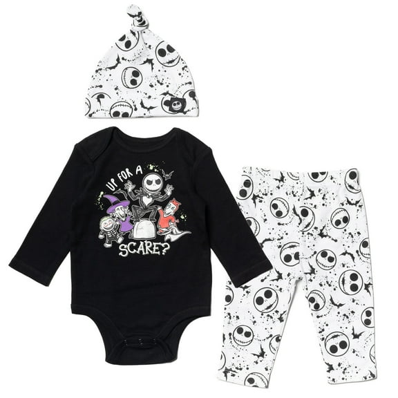 Disney Nightmare Before Christmas Jack Skellington Zero Lock, Shock, and Barrel Infant Baby Boys Bodysuit Pants and Hat 3 Piece Outfit Set Newborn to Infant