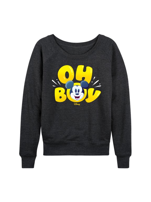 - Oh Boy Mickey Face Women's Lightweight French Terry Wide Neck Long Sleeve Graphic Shirt