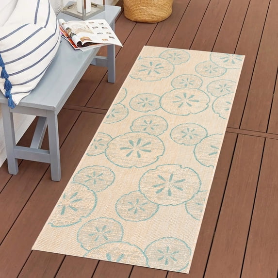 Disney Outdoor Sand Dollar Coastal Abstract Sand/Oasis Area Rug, 2x6 Runner