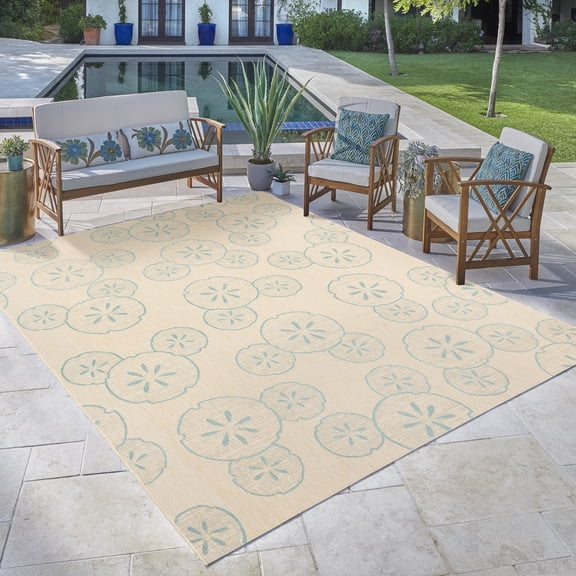 Disney Outdoor Sand Dollar Coastal Abstract Sand/Oasis Area Rug, 5x7