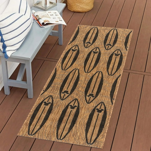 Disney Outdoor Surfboard Coastal Graphic Chestnut/Black Area Rug, 2x6 Runner