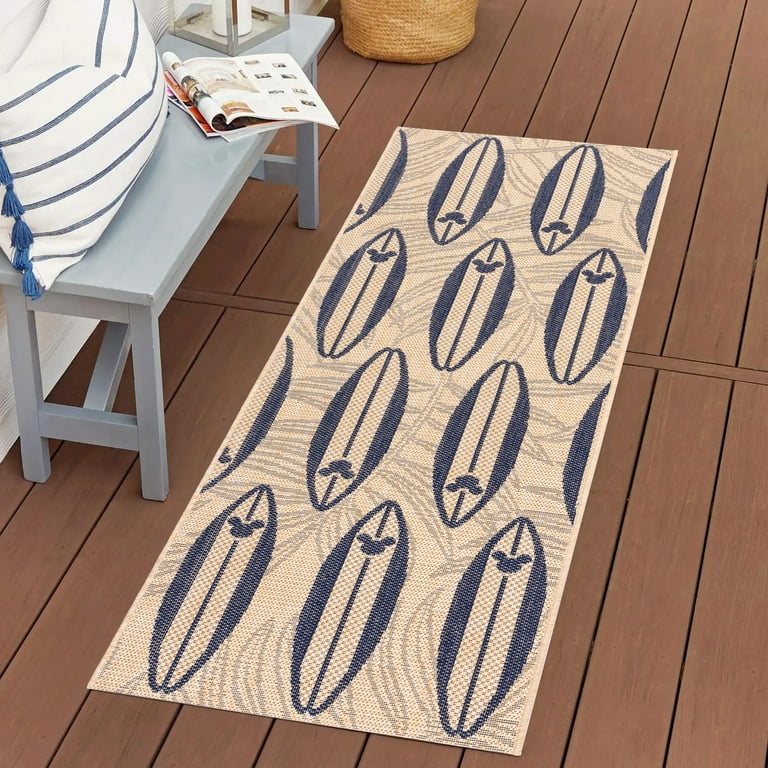 Disney Outdoor Surfboard Coastal Graphic Sand/Navy Area Rug, 2x6