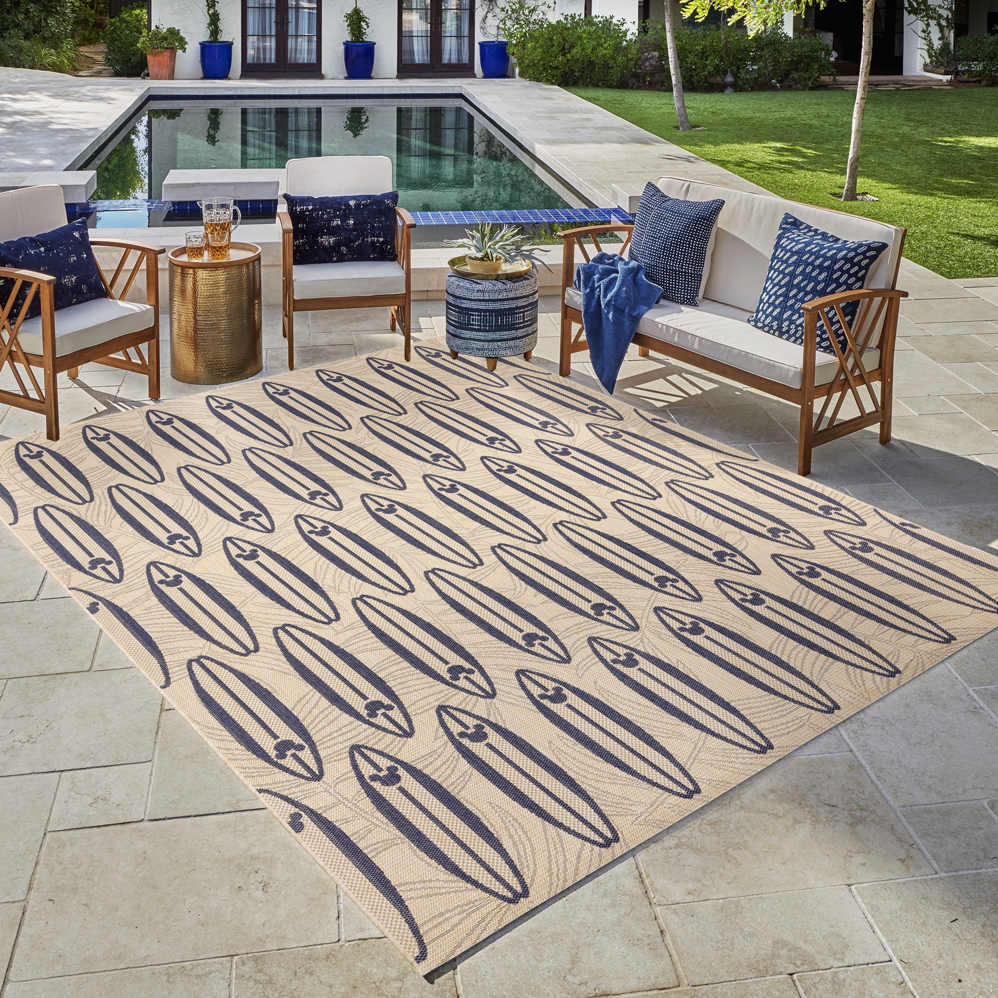 Disney Outdoor Surfboard Coastal Graphic Sand/Navy Area Rug, 9x13