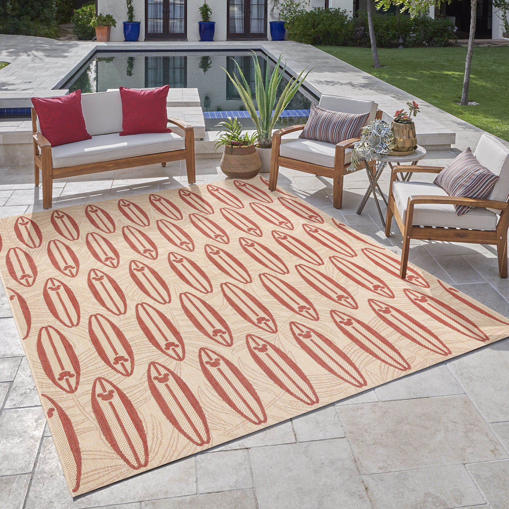 Disney Outdoor Surfboard Coastal Graphic Sand/Red Area Rug, 6x9