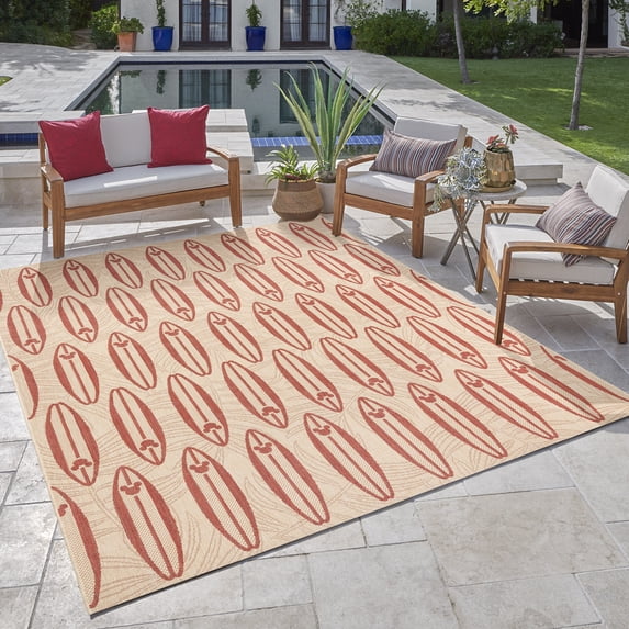 Disney Outdoor Surfboard Coastal Graphic Sand/Red Area Rug, 6x9