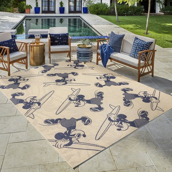 Disney Outdoor Surfing Coastal Animal Print Sand/Navy Area Rug, 5x7