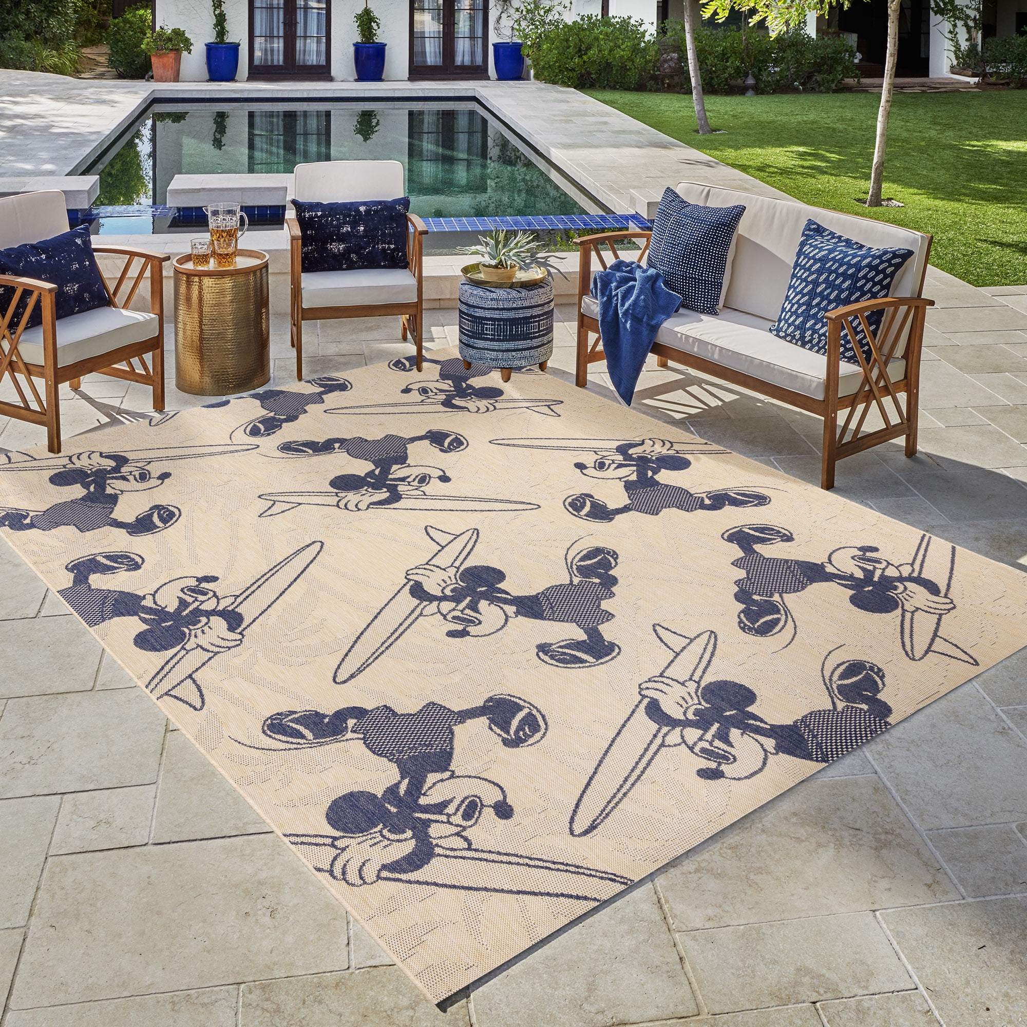 Disney Outdoor Surfing Coastal Animal Print Sand/Navy Area Rug, 9x13