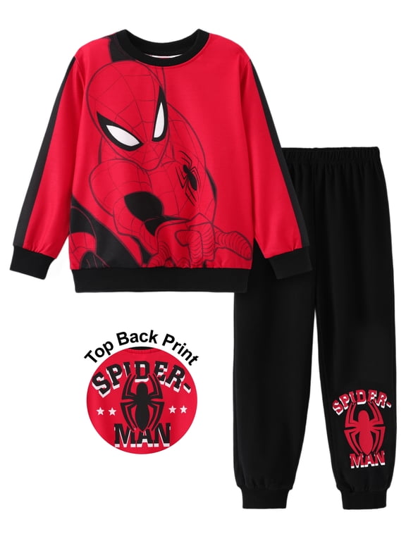 Marvel Spider-Man Boys Cotton Long Sleeves Outfit Set Sweatshirt Jogger Sweatpants Set Toddler Kids Clothes Red Sizes 2-9Y