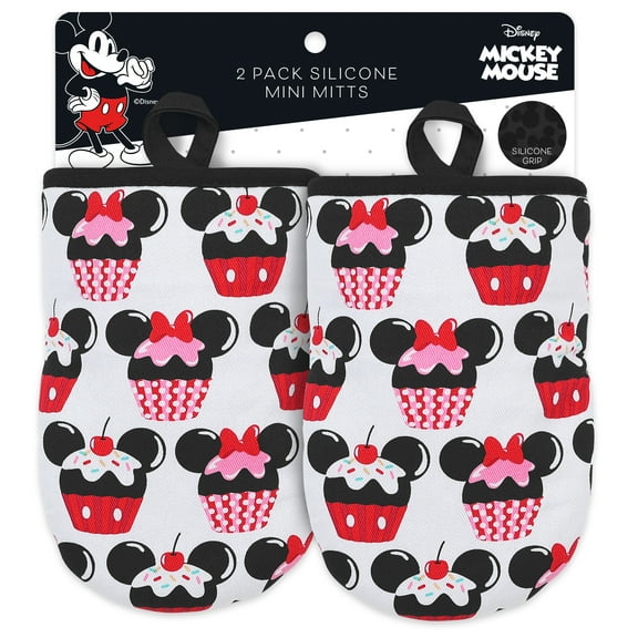 Disney Oven Mitts Mickey & Minnie Cupcakes Black Printed Silicone Mini Oven Mitts, 5.5” x 7.5”, 2 Count