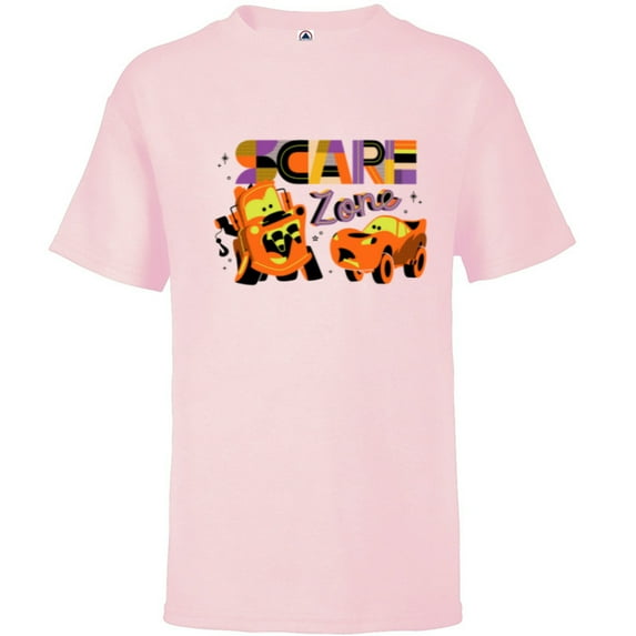 Disney PIXAR Cars Mater & Lightning McQueen Halloween Scare Zone - Short Sleeve T-Shirt for Kids - Customized-Soft Pink