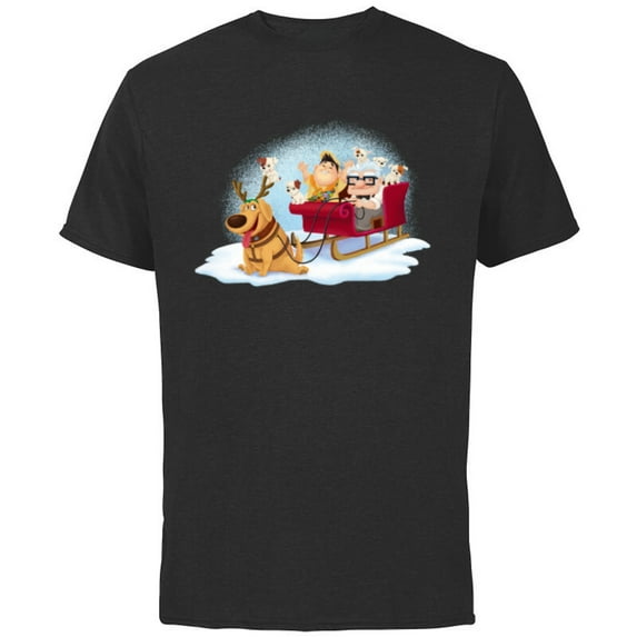 Disney PIXAR Up Carl, Russell & Dug Holiday Sleigh Ride - Short Sleeve Cotton T-Shirt for Adults - Customized-Black