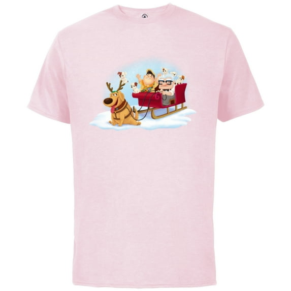 Disney PIXAR Up Carl, Russell & Dug Holiday Sleigh Ride - Short Sleeve Cotton T-Shirt for Adults - Customized-Soft Pink