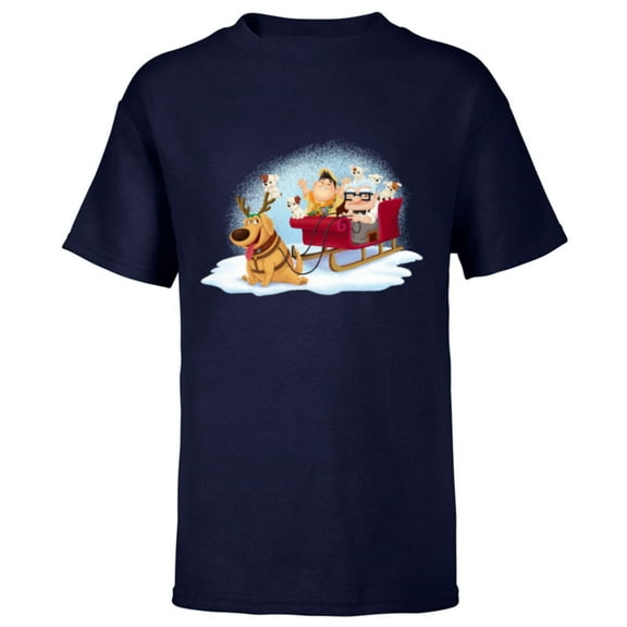 Disney PIXAR Up Carl, Russell & Dug Holiday Sleigh Ride - Short Sleeve T-Shirt for Kids - Customized-Navy