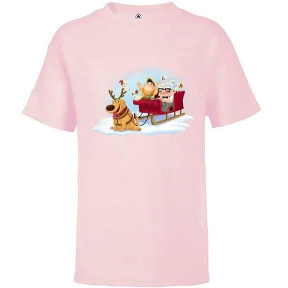 Disney PIXAR Up Carl, Russell & Dug Holiday Sleigh Ride - Short Sleeve T-Shirt for Kids - Customized-Soft Pink