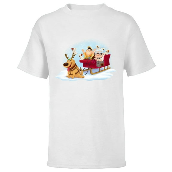 Disney PIXAR Up Carl, Russell & Dug Holiday Sleigh Ride - Short Sleeve T-Shirt for Kids - Customized-White