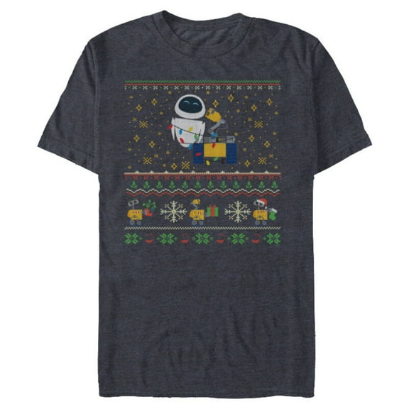 Disney PIXAR Wall-E & Eve Ugly Christmas Sweater Holiday - Short Sleeve Blended T-Shirt for Adults - Customized-Navy Heather