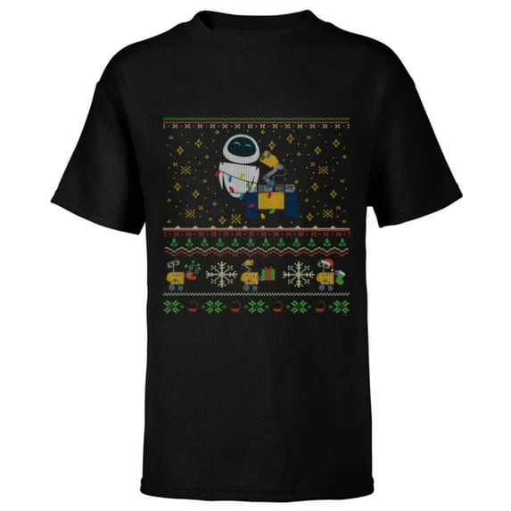 Disney PIXAR Wall-E & Eve Ugly Christmas Sweater Holiday - Short Sleeve T-Shirt for Kids - Customized-Black