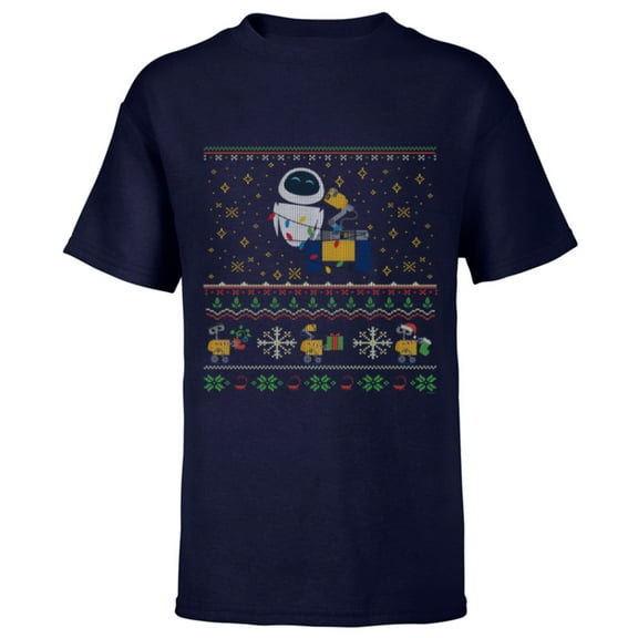 Disney PIXAR Wall-E & Eve Ugly Christmas Sweater Holiday - Short Sleeve T-Shirt for Kids - Customized-Navy