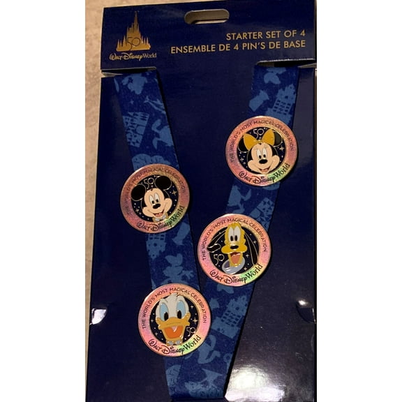 Disney Parks 50th Anniversary Starter Pin 4 pc Set w/ Lanyard NEW factory sealed
