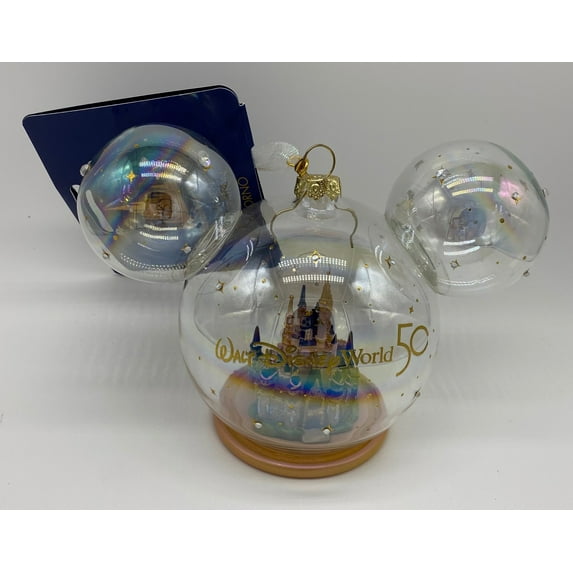 Disney Parks 50th Anniversary Walt Disney World Castle Glass Globe Ornament New