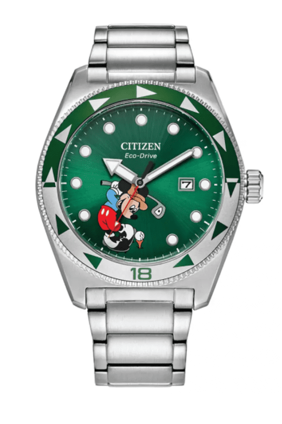 Parks Mickey Mouse Golf Stainless Steel Eco-Drive Watch Citizen New W Box