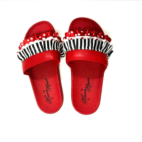Disney Parks Minnie Mouse Tiered Ruffle Slip-On Slide Sandals Red Girls Size 4 NWT