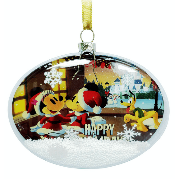 Disney Parks Santa Mickey Friends Glass Oval Snowflakes Christmas Ornament New