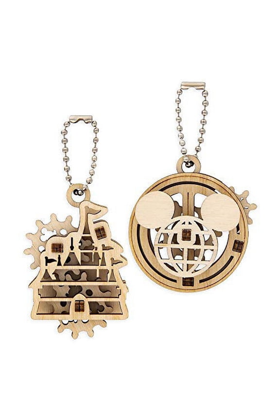 Disney Parks UGears 2 Wooden Puzzle Keychain Mickey WDW Castle Mechanical Puzzle