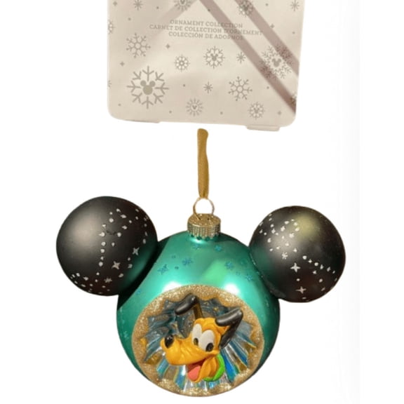 Disney Parks Walt Disney Pluto Icon Mickey Ears Glass Christmas Ornament New