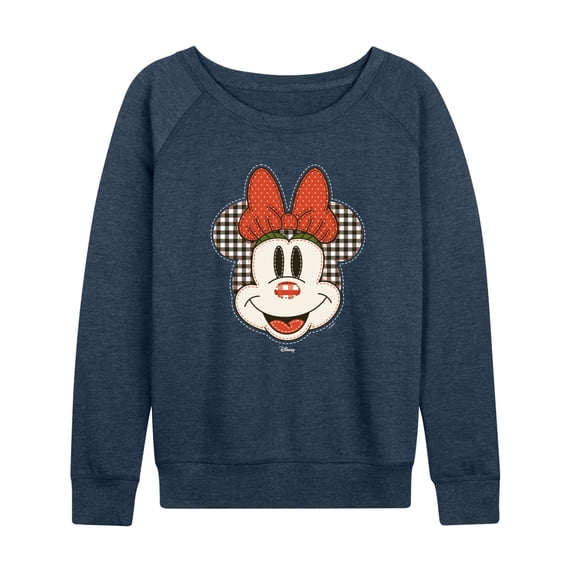 Disney - Patchwork Minnie Mouse Women's Lightweight French Terry Wide Neck Long Sleeve Graphic Shirt