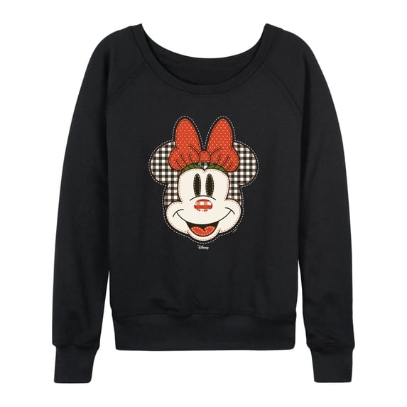 Disney - Patchwork Minnie Mouse Women's Lightweight French Terry Wide Neck Long Sleeve Graphic Shirt