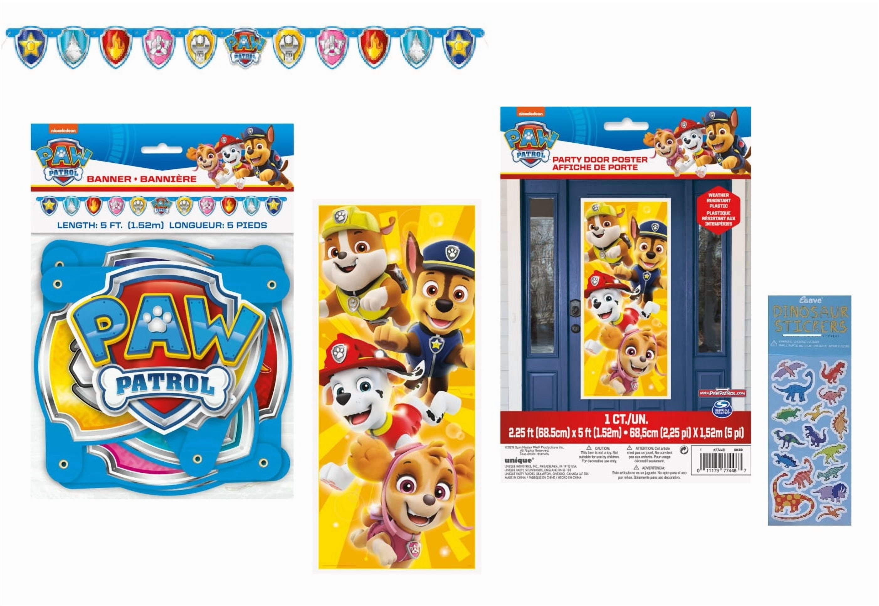 Disney Paw Patrol Birthday Party Supplies Decorations Bundle includes 1 Happy Birthday Banner, 1 Plastic Door Poster, 1 Dinosaur Sticker Sheet