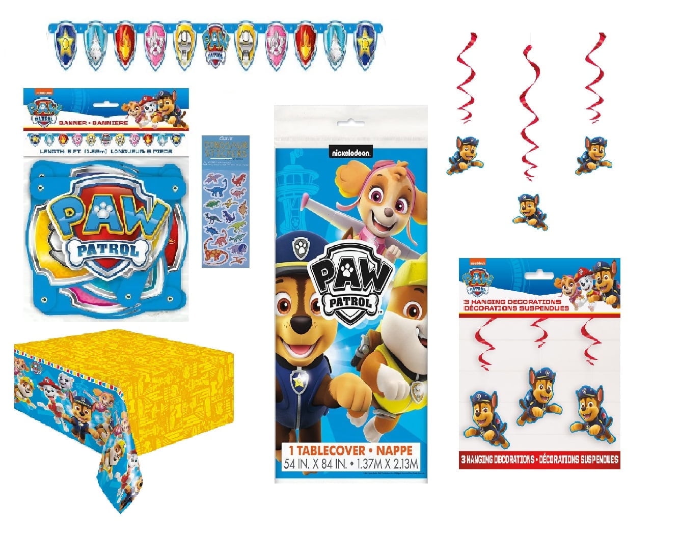 Disney Paw Patrol Birthday Party Supplies Decorations Bundle includes 1 Happy Birthday Banner, 1 Plastic Table Cover, 3 Hanging Swirl Decoration with Cutouts, 1 Dinosaur Sticker Sheet