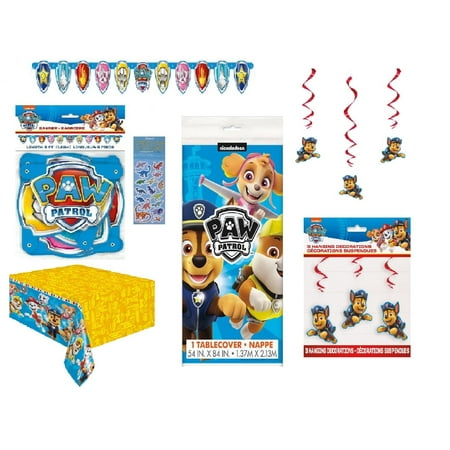 Disney Paw Patrol Birthday Party Supplies Decorations Bundle includes 1 Happy Birthday Banner, 1 Plastic Table Cover, 3 Hanging Swirl Decoration with Cutouts, 1 Dinosaur Sticker Sheet