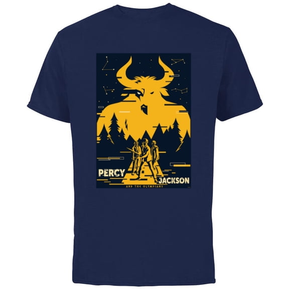 Disney Percy Jackson Three Heroes Against the Minotaur - Short Sleeve Cotton T-Shirt for Adults - Customized-Navy