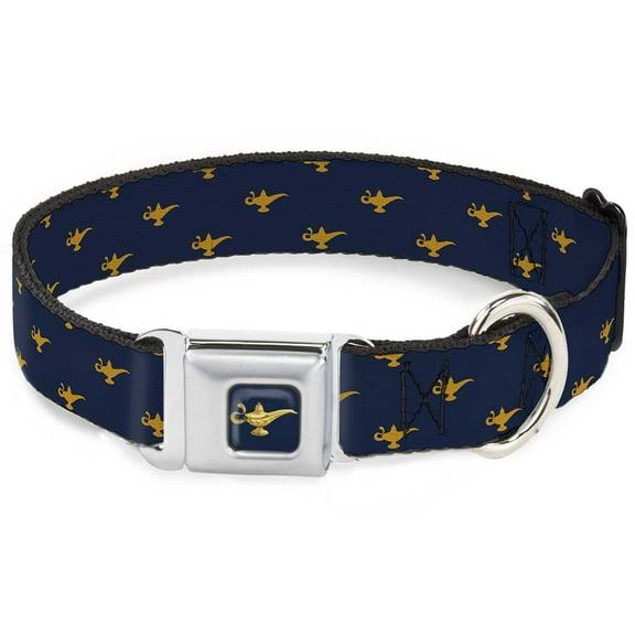 Disney Pet Collar, Dog Collar Metal Seatbelt Buckle, Aladdin Genie Lamp Monogram Navy Gold, 20 to 31 Inches 1.5 Inch Wide