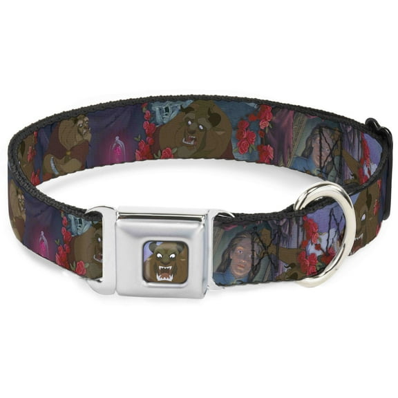 Disney Pet Collar, Dog Collar Metal Seatbelt Buckle, Beast 4 Scenes Roses, 15 to 24 Inches 1.0 Inch Wide