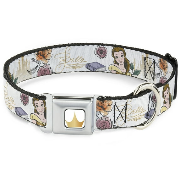 Disney Pet Collar, Dog Collar Metal Seatbelt Buckle, Beauty and the Beast Belle Castle Pose with Script, 11 to 16.5 Inches 1.0 Inch Wide
