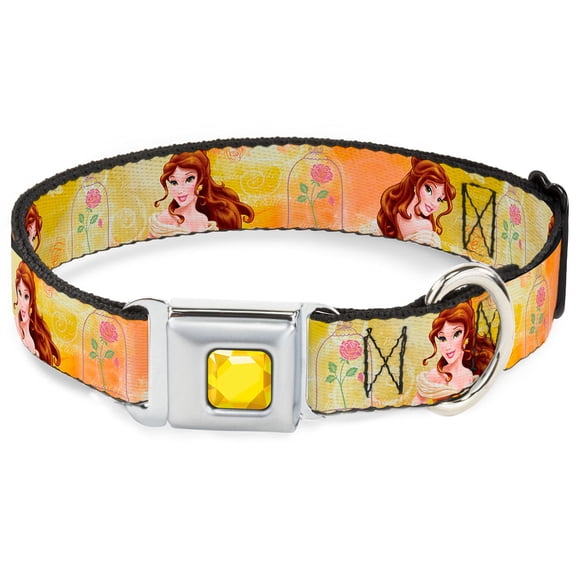 Disney Pet Collar, Dog Collar Metal Seatbelt Buckle, Belle Poses Enchanted Rose Story Script Yellow Pinks, 15 to 24 Inches 1.0 Inch Wide