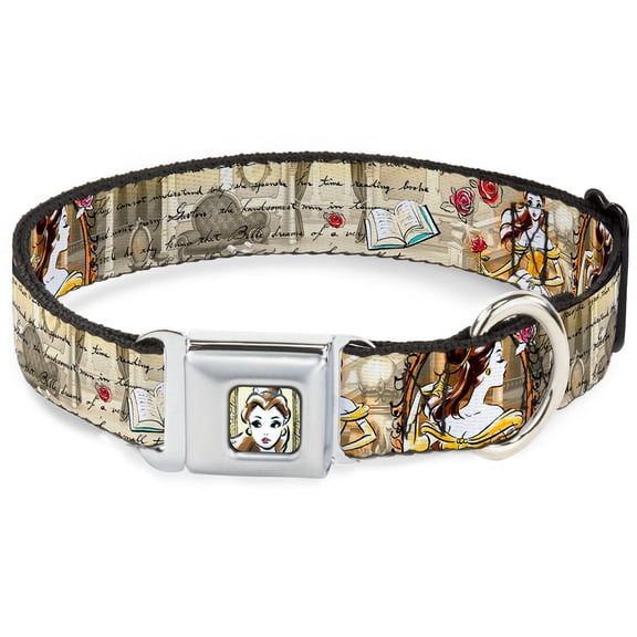 Disney Pet Collar, Dog Collar Metal Seatbelt Buckle, Belle Sketch Poses Story Script, 11 to 16.5 Inches 1.0 Inch Wide