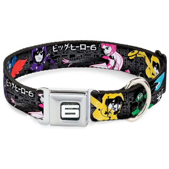 Disney Pet Collar, Dog Collar Metal Seatbelt Buckle, Big Hero 6 Group Pose Name Blocks Black Gray Multi Color, 16 to 23 Inches 1.5 Inch Wide