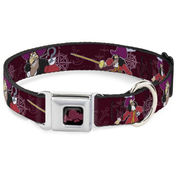 Disney Pet Collar, Dog Collar Metal Seatbelt Buckle, Captain Hook Poses Nautical Elements Burgundy, 15 to 24 Inches 1.0 Inch Wide