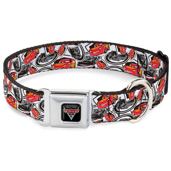 Disney Pet Collar, Dog Collar Metal Seatbelt Buckle, Cars 3 Lightning Mcqueen Storm Jackson Poses Scattered White, 9.5 to 13 Inches 1.0 Inch Wide