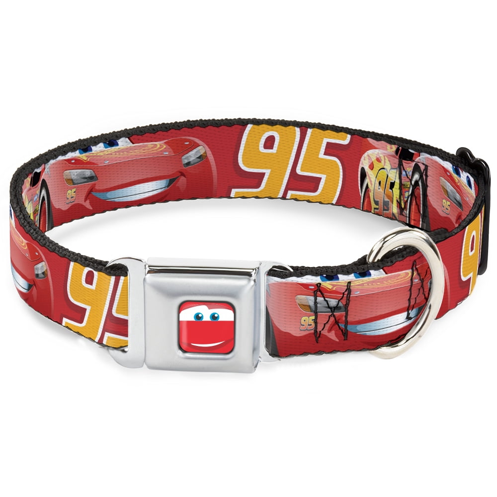Disney Pet Collar, Dog Collar Metal Seatbelt Buckle, Cars Lightning McQueen Smiling Pose 95 Reds White Orange, 16 to 23 Inches 1.5 Inch Wide
