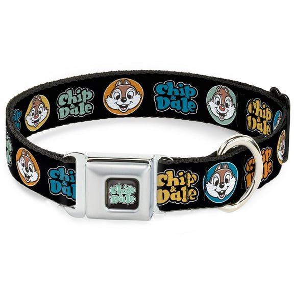 Disney Pet Collar, Dog Collar Metal Seatbelt Buckle, Chip and Dale Expression Bubbles Black Multi Color, 9.5 to 13 Inches 1.0 Inch Wide