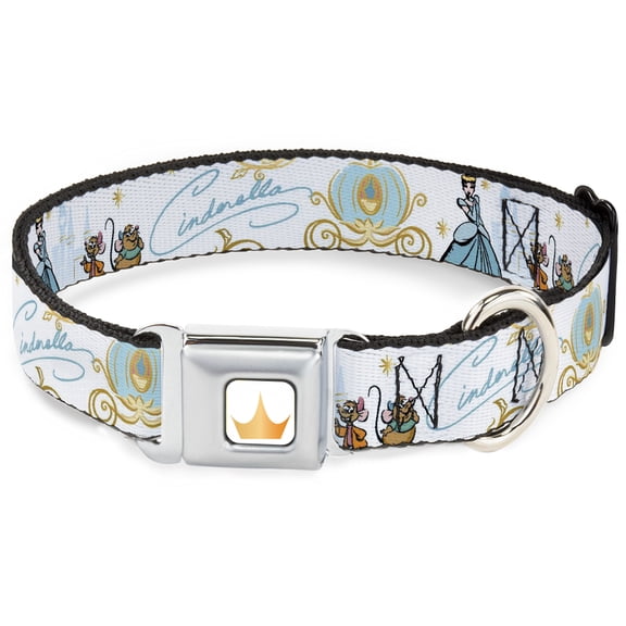 Disney Pet Collar, Dog Collar Metal Seatbelt Buckle, Cinderella Pumpkin Coach and Mice Pose with Script Blues, 11 to 16.5 Inches 1.0 Inch Wide