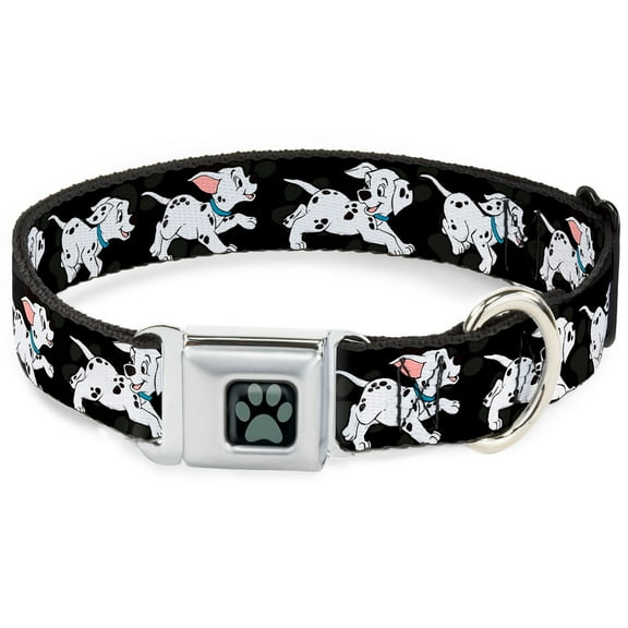 Disney Pet Collar, Dog Collar Metal Seatbelt Buckle, Dalmatians Running Paws Black Gray White Black, 11 to 16.5 Inches 1.0 Inch Wide