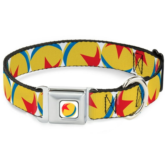 Disney Pet Collar, Dog Collar Metal Seatbelt Buckle, Disney Pixar Luxo Ball Repeat White Yellow Blue Red, 20 to 31 Inches 1.5 Inch Wide